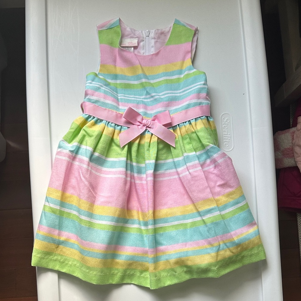 Bonnie Baby Multicolor Striped Dress with Pink Bow